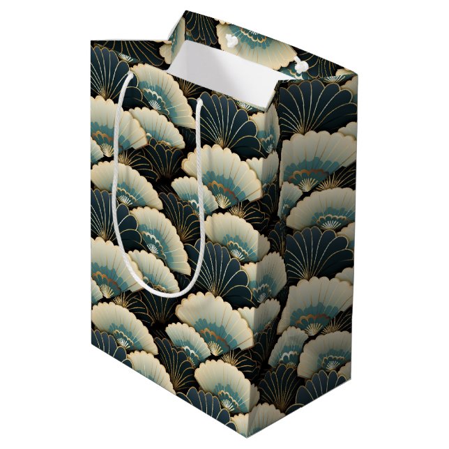 Sac Cadeau Moyen Gold and Teal Patterned Japanese-inspire Fan Motif (Dos Angle)