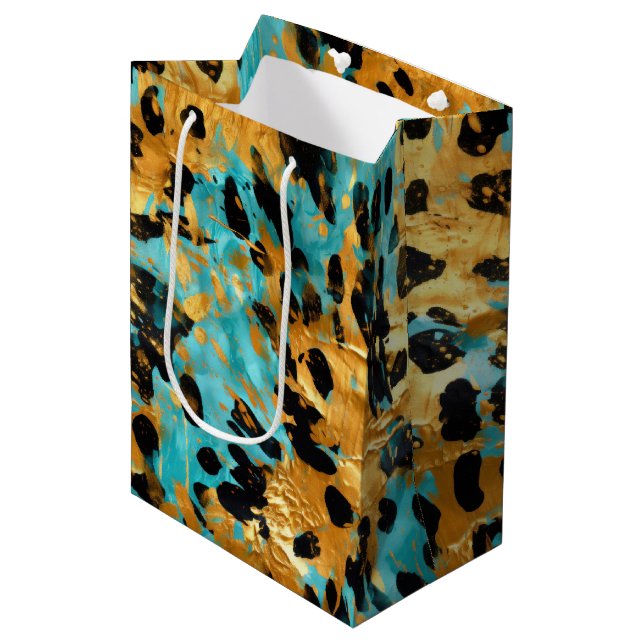 Sac Cadeau Moyen Gold Aqua Black Leopard Animal (Devant Angle)