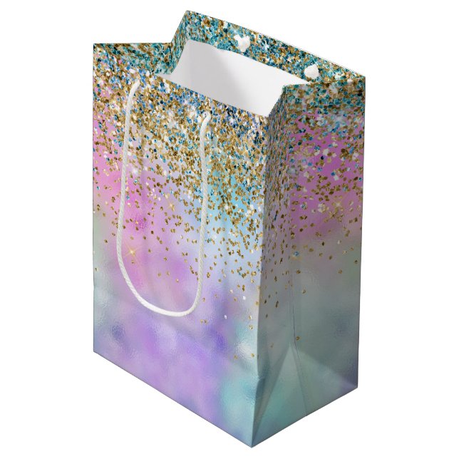 Sac Cadeau Moyen Gold Aqua Parties scintillant violet blanc Unicorn (Devant Angle)