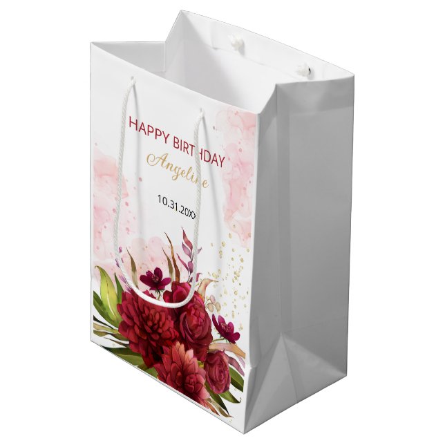Sac Cadeau Moyen Gold Parties scintillant Bourgogne Dahlia Rose Flo (Devant Angle)