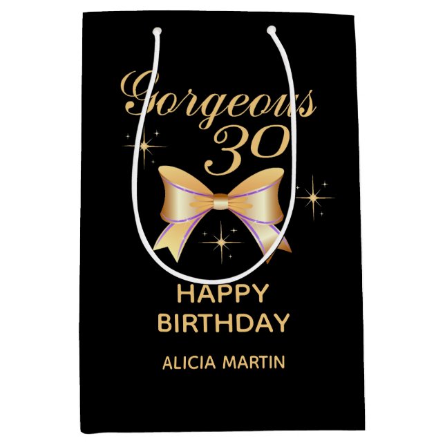Sac Cadeau Moyen Gold Ribbon Girl Gorgeous 30 Black Joyeux Annivers (Devant)