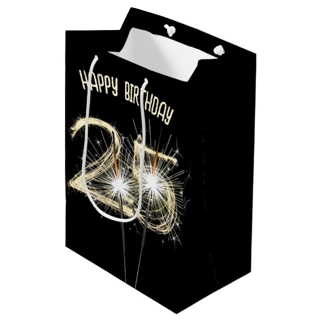 Sac Cadeau Moyen Gold Sparklers pour 25e anniversaire (Devant Angle)
