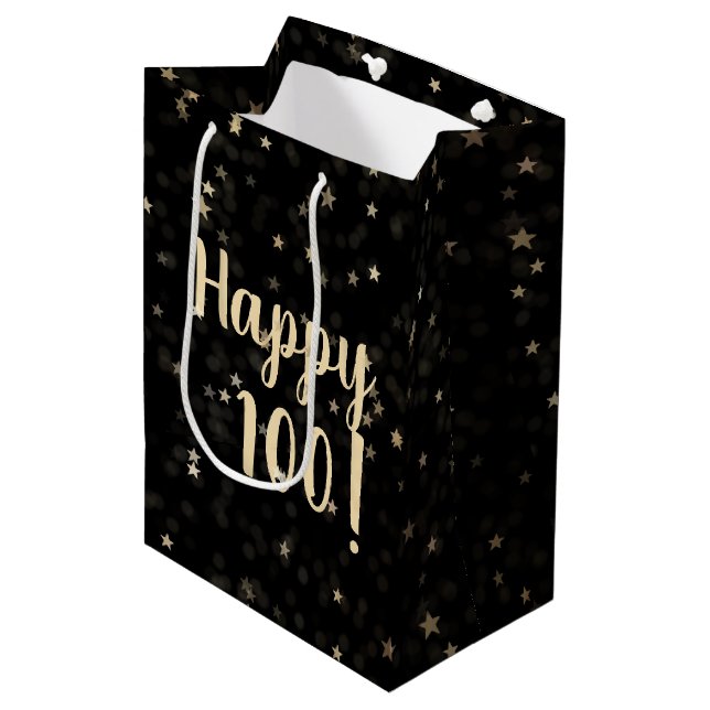 Sac Cadeau Moyen Gold Stars and Dots 100e Anniversaire Sac-cadeau m (Devant Angle)