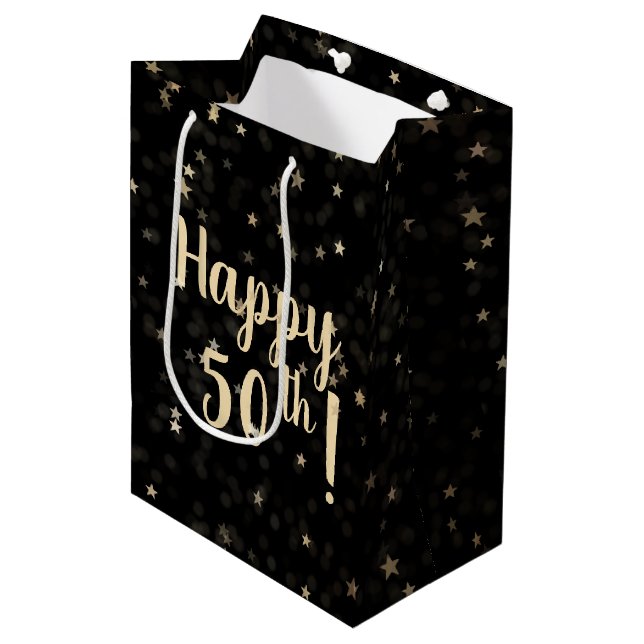 Sac Cadeau Moyen Gold Stars and Dots 50e Anniversaire Cadeau moyen (Devant Angle)