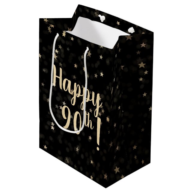 Sac Cadeau Moyen Gold Stars and Dots 90e Anniversaire Sac-cadeau mo (Devant Angle)