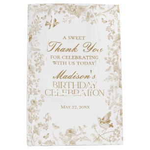 Sac Cadeau Moyen Gold Toile De Jouy Floral Fête d'anniversaire Fave