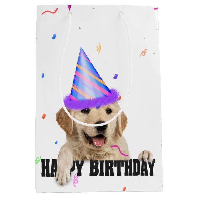 Sac Cadeau Moyen Golden Retriever Anniversaire Confetti (Devant)