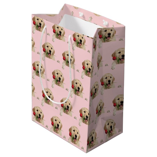 Sac Cadeau Moyen Golden Retriever avec baisers et rose (Dos Angle)