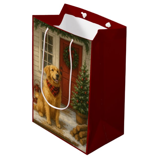 Sac Cadeau Moyen Golden Retriever Christmas Card (Devant Angle)