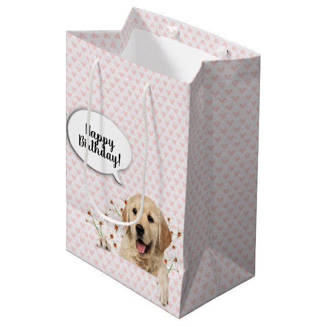 Sac Cadeau Moyen Golden Retriever dans les marguerites et les coeur (Devant Angle)