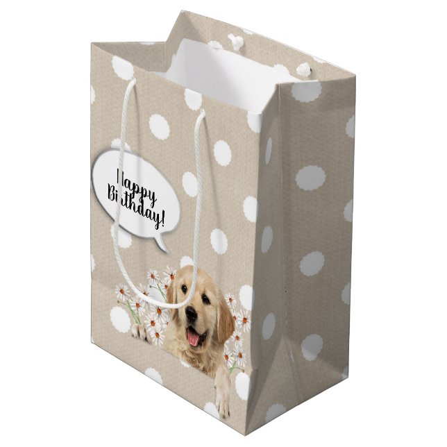 Sac Cadeau Moyen Golden Retriever dans les marguerites sur les pois (Devant Angle)
