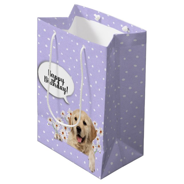 Sac Cadeau Moyen Golden Retriever dans les marguerites sur les pois (Devant Angle)