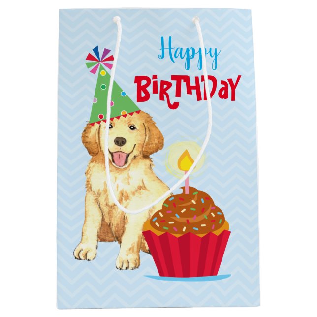 Sac Cadeau Moyen Golden retriever de petit gâteau d'anniversaire (Devant)