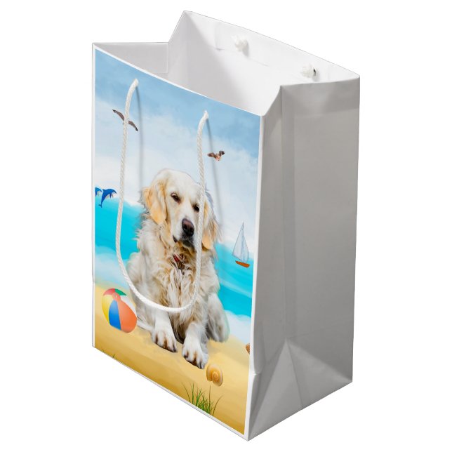 Sac Cadeau Moyen Golden Retriever Dog sur la plage (Devant Angle)