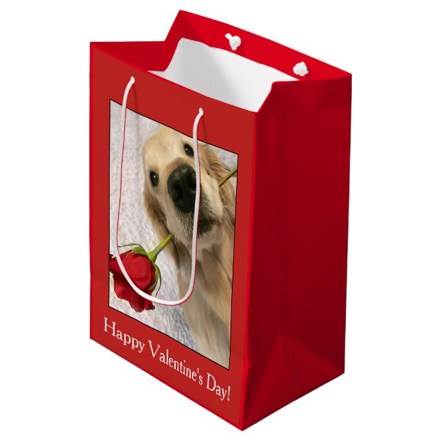 Sac Cadeau Moyen Golden Retriever Dog with Red Rose Valentine's Day (Devant Angle)
