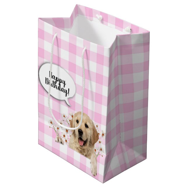 Sac Cadeau Moyen Golden Retriever en marguerite sur en vichy (Devant Angle)