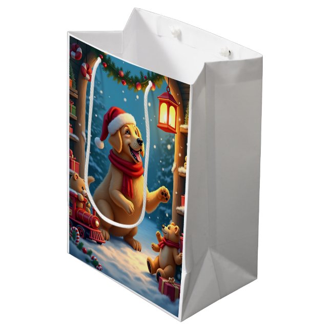 Sac Cadeau Moyen Golden Retriever in Santa’s Workshop Christmas (Devant Angle)
