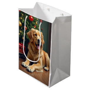 Sac Cadeau Moyen Golden Retriever près du train jouet de Noël