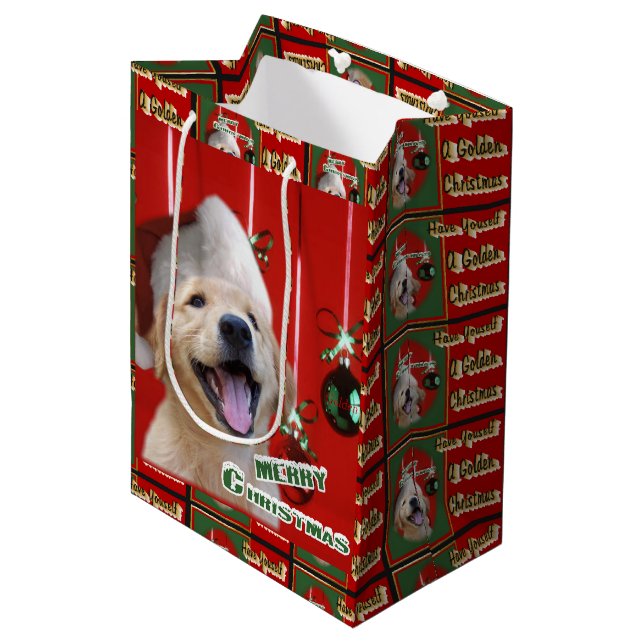 Sac Cadeau Moyen Golden Retriever Puppy Christmas (Devant Angle)