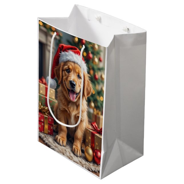 Sac Cadeau Moyen Golden Retriever Puppy's First Christmas Festive (Devant Angle)