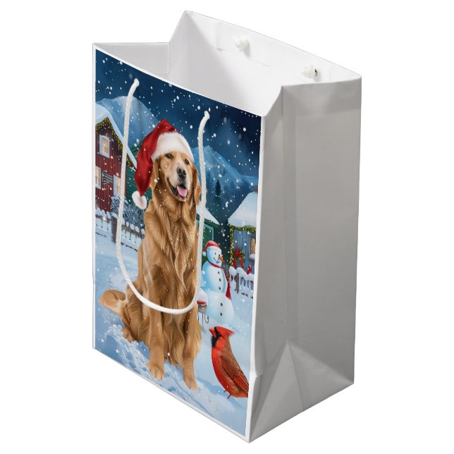 Sac Cadeau Moyen Golden Retriever Winter Wonderland Noël Joie (Devant Angle)