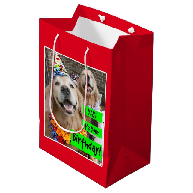 Sac Cadeau Moyen Golden retriever Yay son votre anniversaire (Devant Angle)