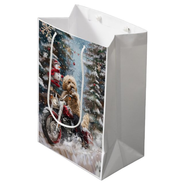 Sac Cadeau Moyen Goldendoodle Chien équitation Moto Noël (Devant Angle)