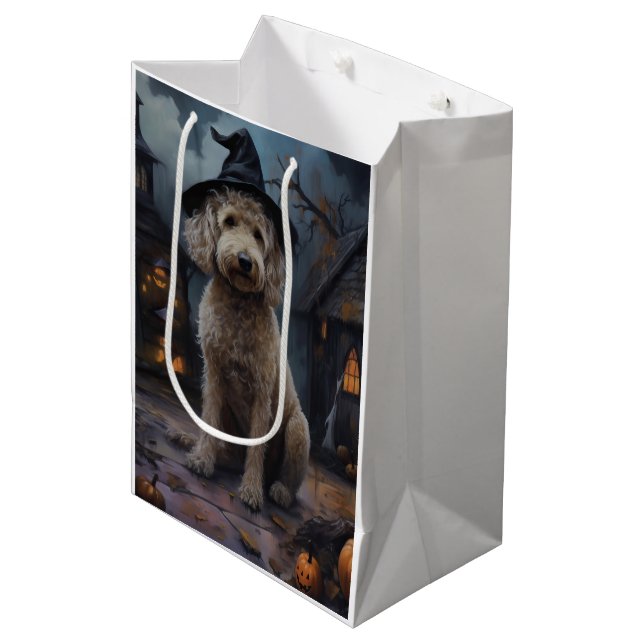 Sac Cadeau Moyen Goldendoodle Citrouille Halloween effrayant (Devant Angle)