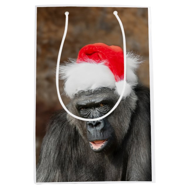 Sac Cadeau Moyen Gorilla Biddy dans un Casquette de Noël festif (Devant)
