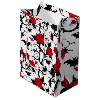 Sac Cadeau Moyen Gothique blanc avec roses rouges, chauves-souris e