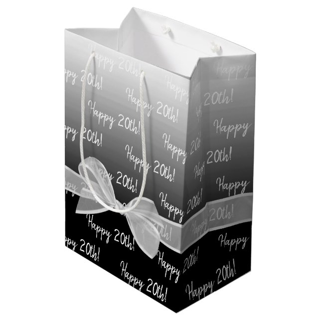 Sac Cadeau Moyen Gradient 20e Anniversaire Avec Nœud Blanc (Dos Angle)