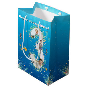 Sac Cadeau Moyen Grand 3ème anniversaire Collage photo sous la mer