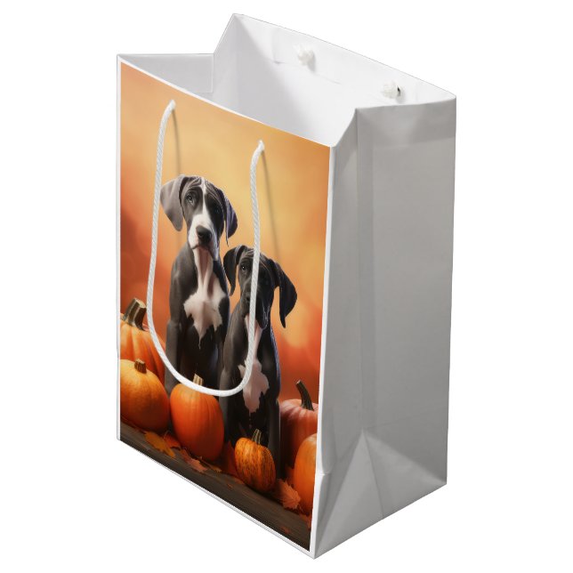 Sac Cadeau Moyen Grand Chiot Danse Automne Délice Citrouille (Devant Angle)
