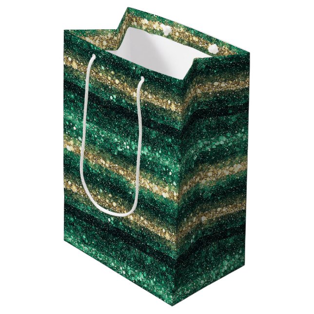 Sac Cadeau Moyen Green Gold Glitter Christmas (Devant Angle)