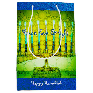 Sac Cadeau Moyen Green Hanoukka Menorah Peace Love Script