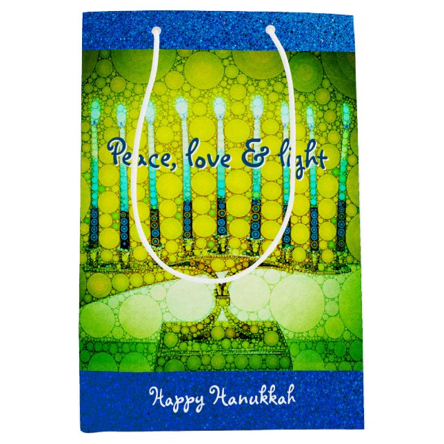Sac Cadeau Moyen Green Hanoukka Menorah Peace Love Script (Devant)