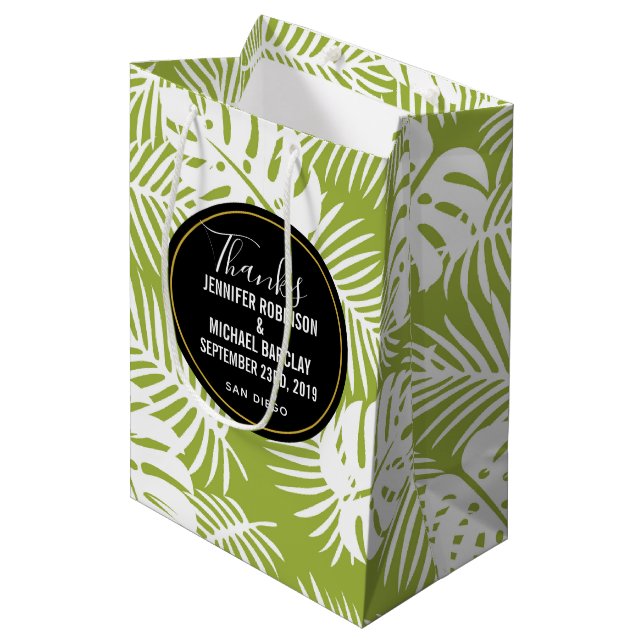 Sac Cadeau Moyen Green Palm Feuille Jungle Mariage Motif Merci (Devant Angle)