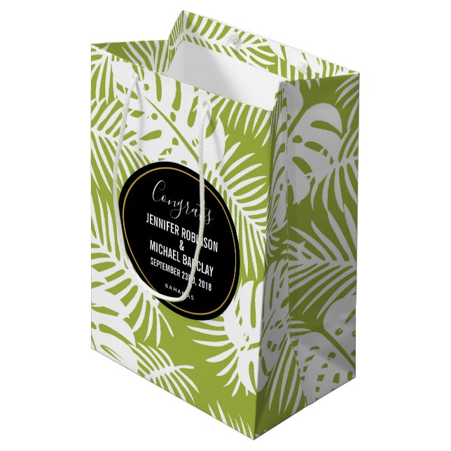 Sac Cadeau Moyen Green Palm Leaf Motif Tropical Congrats Mariages (Devant Angle)