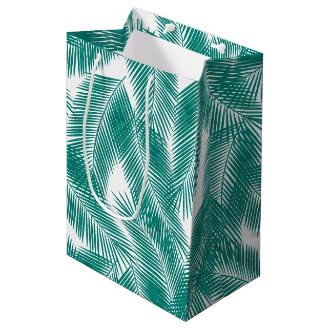 Sac Cadeau Moyen Green Tropical Palm Feuille Motif (Devant Angle)