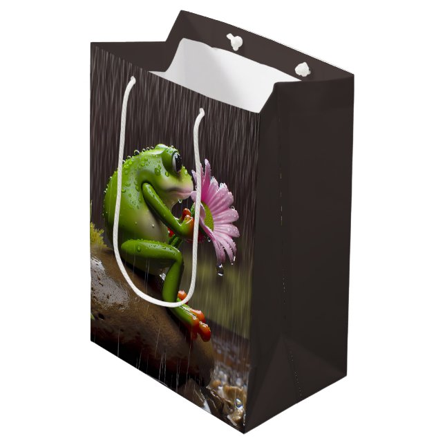 Sac Cadeau Moyen Grenouille Verte Et Marguerite Anniversaire (Devant Angle)