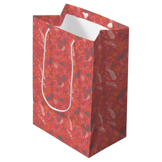 Sac Cadeau Moyen Gribouillages floraux en orange et rouge (Devant Angle)
