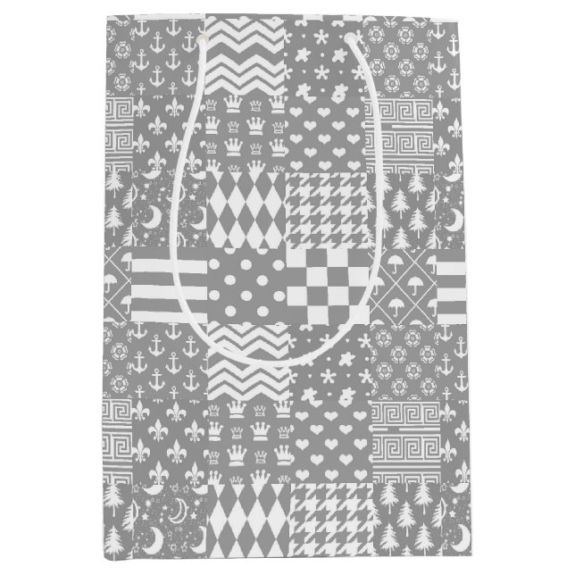 Sac Cadeau Moyen Gris Blanc Mixte Motif Patchwork Design (Devant)