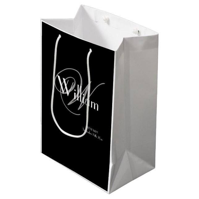 Sac Cadeau Moyen Gris Classique Monogramme Écriture Blanche Meilleu (Devant Angle)