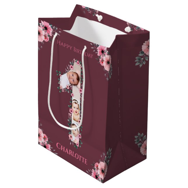 Sac Cadeau Moyen Gros 1er anniversaire fille photo Collage Fleur ro (Devant Angle)