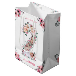 Sac Cadeau Moyen Gros 2e anniversaire fille photo Collage Fleur ros