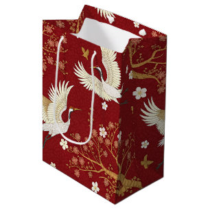 Sac Cadeau Moyen Grue couronnée rouge motif Sakura (1)