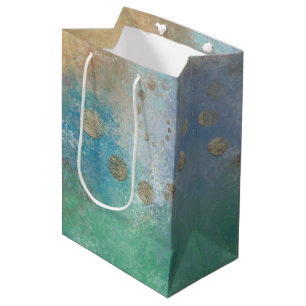 Sac Cadeau Moyen Grunge Côtière   Aquarelle bleu et vert or