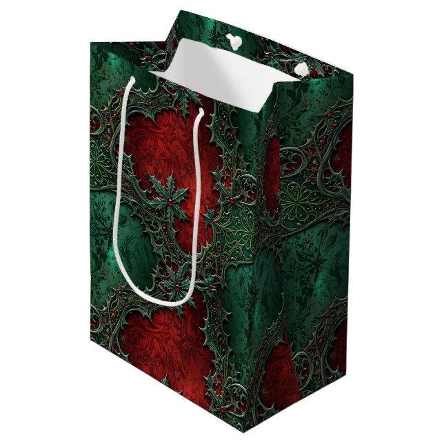 Sac Cadeau Moyen Grunge gothique de Noël Rouge & Vert Holly (Devant Angle)