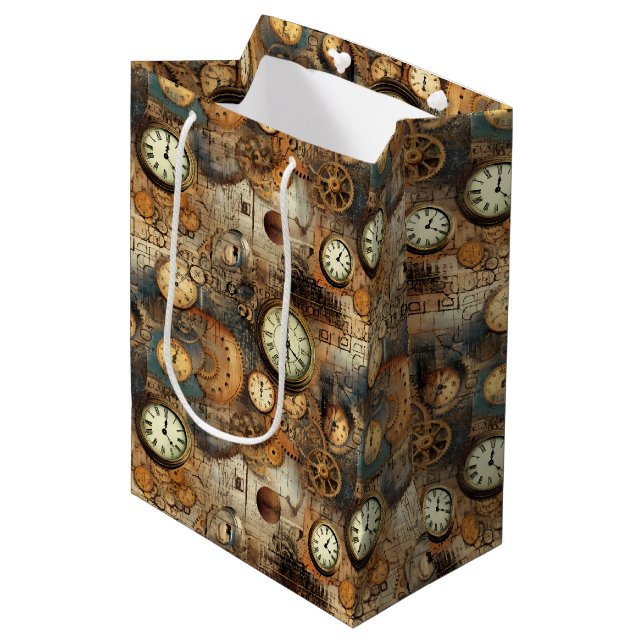 Sac Cadeau Moyen Grunge Rustic Steampunk Horloge (10) (Devant Angle)