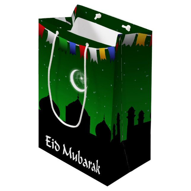 Sac Cadeau Moyen Guirlande colorée d'Eid Mubarak (Devant Angle)